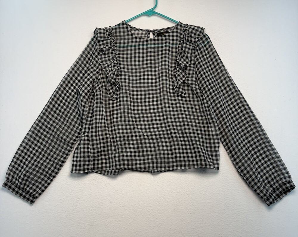 Antwelfth Sheer Checkered Ruffle Long Sleeve Blouse Cover Up Beach Travel Office